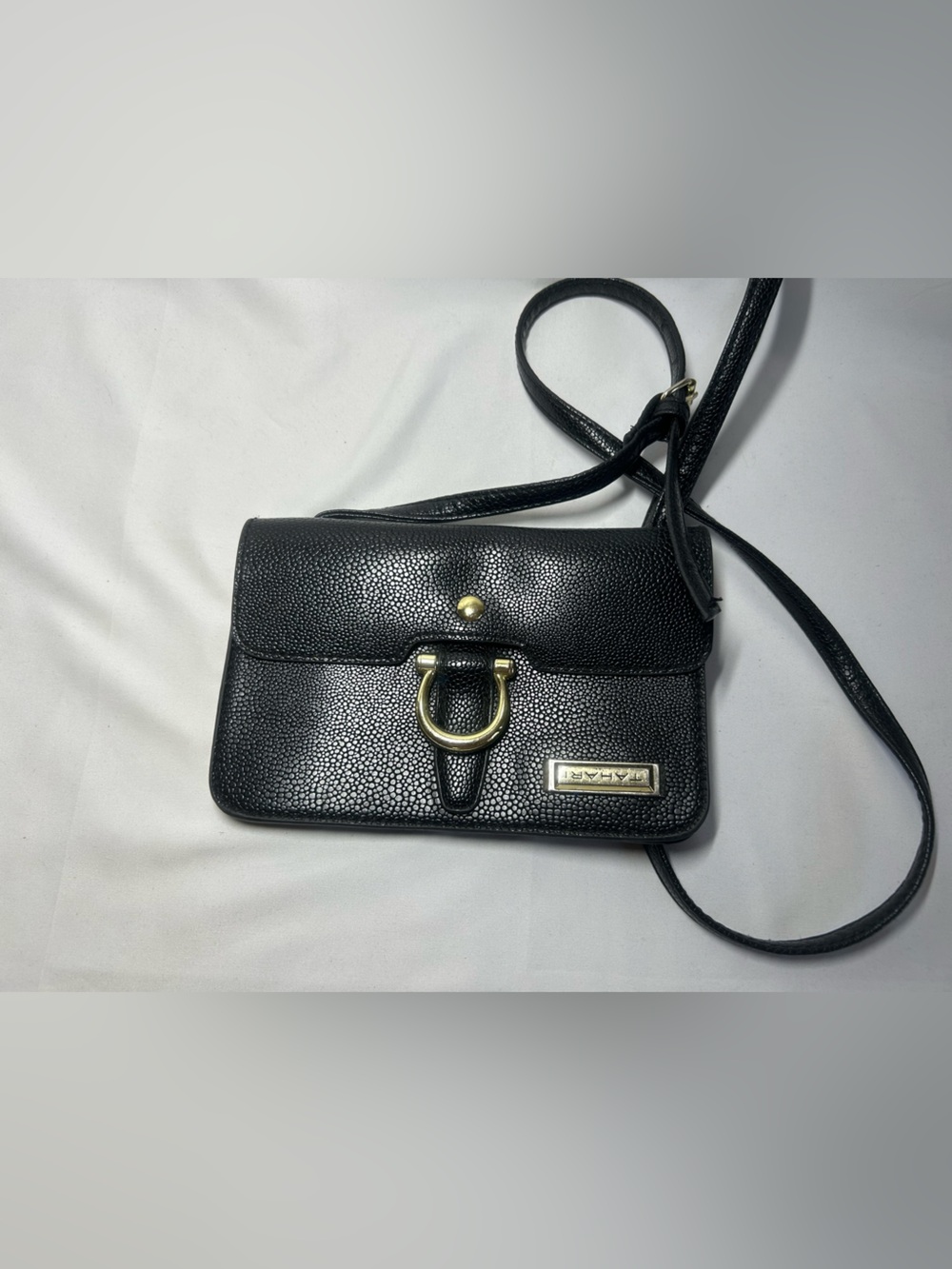 Tahari Black Phone Crossbody Wallet Pebbled Faux Leather Gold Hardware